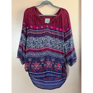BeachLunchLounge Boho Border Print Blouse Navy Burgundy Viscose Size M